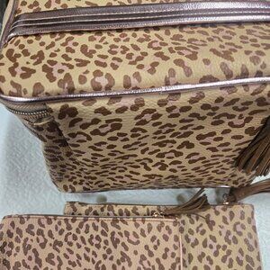Cheetah Print Train Case & Clutch Set includes extra makeup bags and a brush set